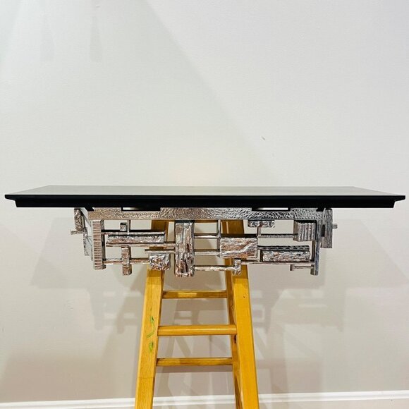 Rare Syroco Brutalist Mid Century MCM Chrome / Silver And Wood Wall Shelf - Picture 1 of 9